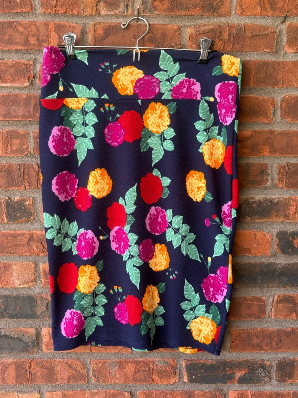 LuLaRoe Navy Pencil Skirt with Pink, Red, Yellow & Green Floral Print
